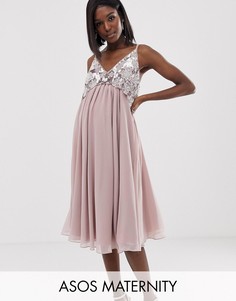 Платье миди на бретельках с укороченным топом с отделкой и искусственным жемчугом ASOS DESIGN Maternity-Розовый