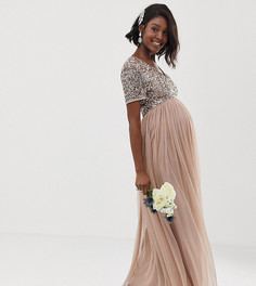 Платье макси из тюля с однотонными пайетками Maya Maternity Bridesmaid-Коричневый