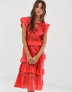Платье с кружевными вставками и завязкой спереди RD+KOKO-Розовый