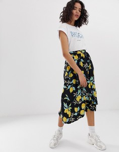 Юбка миди с асимметричной оборкой и принтом лимонов Moss Copenhagen-Черный