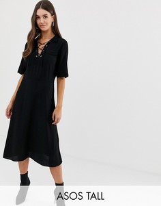 Платье-рубашка миди со шнуровкой ASOS DESIGN Tall-Черный
