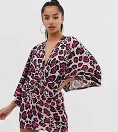 Платье=кимоно миди со звериным принтом и запахом Flounce London Petite-Мульти