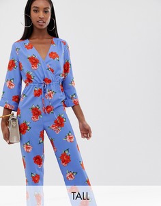 Комбинезон с цветочным принтом и широкими штанинами Fashion Union Tall-Синий