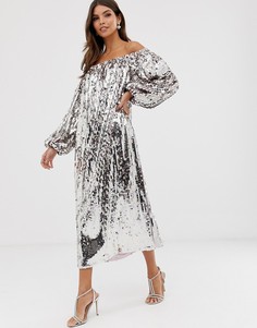 Платье миди с открытыми плечами и пайетками ASOS EDITION-Фиолетовый цвет