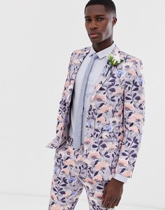 Синий приталенный свадебный пиджак с цветочным принтом Burton Menswear