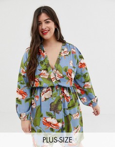 Платье миди с запахом и цветочным принтом AX Paris Plus-Синий