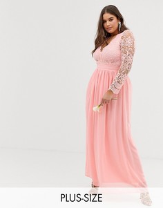 Платье макси с длинными рукавами и отделкой кроше Club L Plus bridesmaid-Розовый