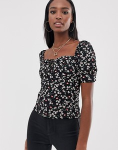 Блузка с квадратным вырезом и цветочным принтом Fashion Union Tall-Черный