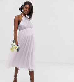 Сиреневое платье миди из тюля с халтером и пайетками Maya Maternity Bridesmaid-Фиолетовый цвет