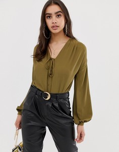 Боди с длинными рукавами и шнуровкой ASOS DESIGN-Зеленый