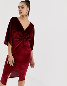 Темно-красное бархатное платье миди с глубоким вырезом и перекрутом Missguided-Красный
