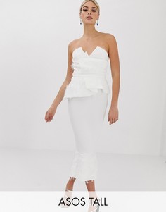 Платье миди с искусственными перьями и баской ASOS DESIGN Tall PREMIUM-Белый