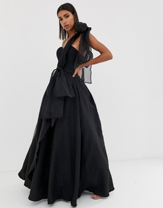 Черное пышное платье макси для выпускного из органзы на одно плечо и со съемным бантом Bariano-Черный