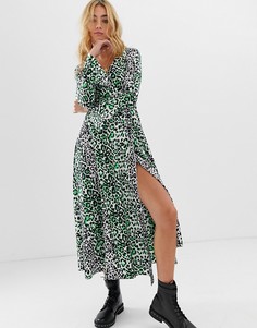 Неоновое платье макси с запахом и леопардовым принтом ASOS DESIGN-Мульти