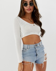 Кроп-топ с длинными рукавами и треугольным вырезом ASOS DESIGN-Белый
