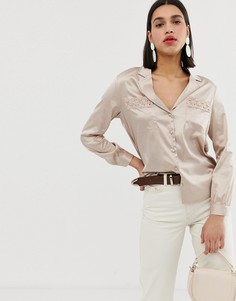 Атласная блузка в винтажном стиле с ажурной отделкой Neon Rose-Кремовый