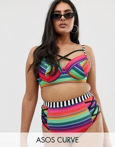 Бикини-топ в разноцветную полоску с поддерживающими чашечками ASOS DESIGN curve-Мульти