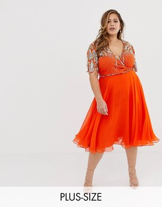 Оранжевое приталенное платье миди с запахом Virgos Lounge Plus-Оранжевый