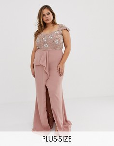 Декорированное платье макси с открытыми плечами и оборками Virgos Lounge Plus-Розовый