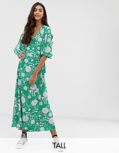 Платье миди с запахом и ярким цветочным принтом Brave Soul Tall Kea-Зеленый
