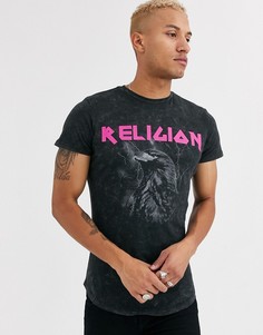 Серая футболка с розовым логотипом Religion-Черный