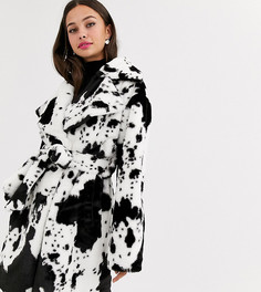 Пальто из искусственного меха с поясом и коровьим принтом Daisy Street-Черный