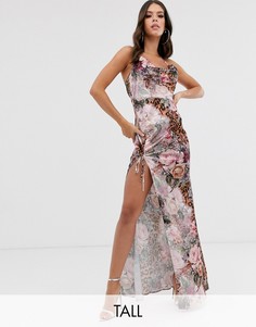 Платье макси со свободным воротом, цветочным и леопардовым принтом Missguided Tall-Розовый