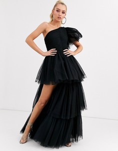 Черное платье макси на одно плечо с разрезом Lace & Beads-Черный
