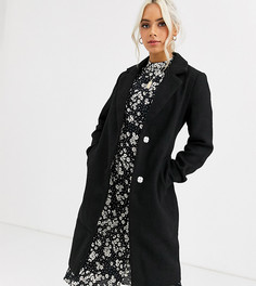 Черное шерстяное пальто с поясом New Look Petite-Черный