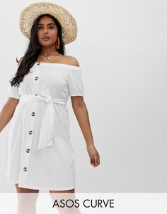 Меланжевый сарафан на пуговицах с открытыми плечами ASOS DESIGN Curve-Белый