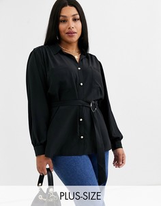 Черная атласная рубашка в стиле милитари с поясом River Island Plus-Черный