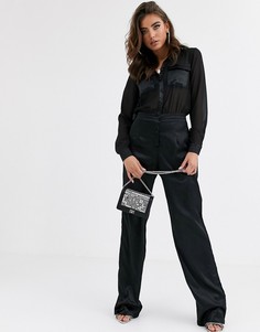 Черный шифоновый комбинезон-рубашка с атласными брюками Missguided-Черный цвет