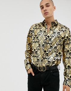 Бархатная приталенная рубашка с золотистым принтом в стиле барокко Twisted Tailor-Черный