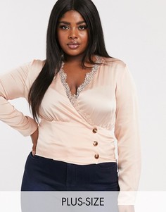 Розовая атласная блузка с кружевной отделкой и запахом Missguided Plus-Розовый