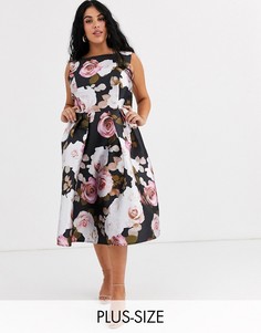 Атласное приталенное платье миди для выпускного с цветочным принтом Chi Chi London Plus-Мульти