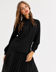 Черная атласная блузка с воротником-стойкой и пышными рукавами Closet London-Черный