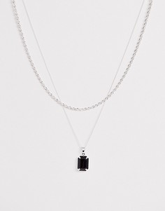 Двухъярусное ожерелье с черной подвеской Chained & Able-Серебряный