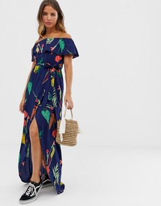 Темно-синее платье макси с открытыми плечами и цветочным принтом Influence-Темно-синий
