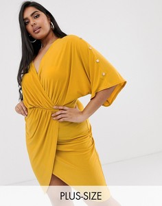 Платье-футляр горчичного цвета с золотистыми пуговицами и глубоким вырезом Koco & K Plus-Желтый