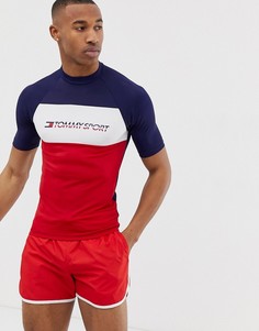 Рашгард колор блок темно-синего, красного и белого цвета с короткими рукавами и логотипом на груди Tommy Sport-Мульти