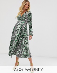 Платье макси с запахом и леопардовым принтом неоновой расцветки ASOS DESIGN Maternity-Мульти