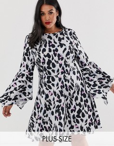 Короткое приталенное платье с неоновым леопардовым принтом и расклешенными рукавами Unique21 Hero-Серый