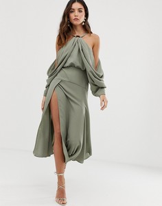 Платье миди с драпировкой на рукавах ASOS EDITION-Зеленый цвет