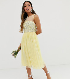 Платье миди лимонного цвета с сетчатым лифом и пайетками Maya Petite Bridesmaid-Желтый