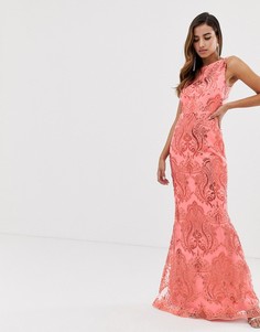 Коралловое платье макси с пайетками и годе Goddiva-Розовый