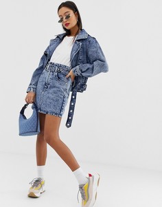 Джинсовая мини юбка с завышенной талией, поясом и эффектом кислотной стирки Signature 8-Синий