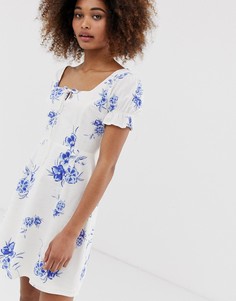 Чайное платье с цветочной вышивкой Neon Rose-Синий
