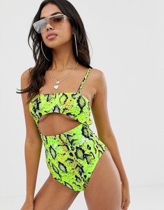 Слитный купальник с вырезом под грудью и ярким змеиным принтом ASOS DESIGN-Зеленый