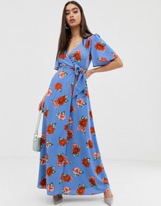 Платье макси с запахом и цветочным принтом Fashion Union-Синий
