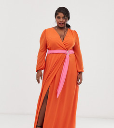 Оранжевое платье макси с запахом и контрастным поясом TFNC Plus-Оранжевый